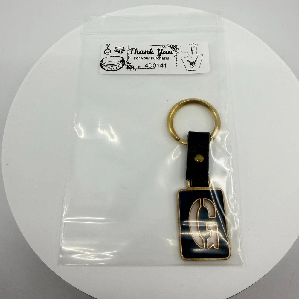 Navy Enamel Pearl Look Initial G Gold Tone Leather Keychain Monogram Bag Charm